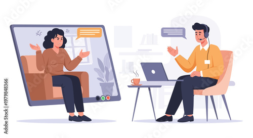 Agent customer service representative assists client remotely via video call