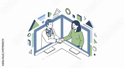 Telemedicine Concept Illustration with Doctor and Patient Shaking Hands via Computer Screens for Virtual Healthcare and Online Consultation