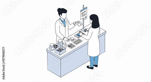 Isometric Illustration of a Pharmacist Dispensing Medication to a Patient at a Pharmacy Counter, Professional Healthcare and Medical Service Concept