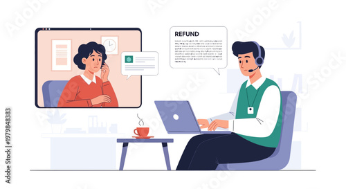 An agent in customer service interacts with a client on a computer screen.