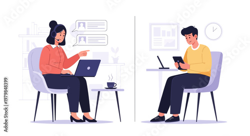 Agent customer service representative helps client with laptop in office