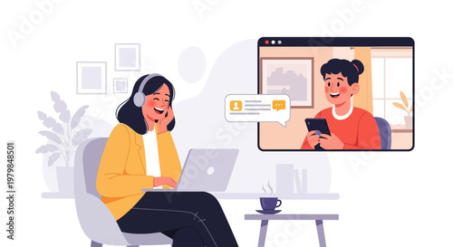 Customer support agent provides service to client via video call on computer