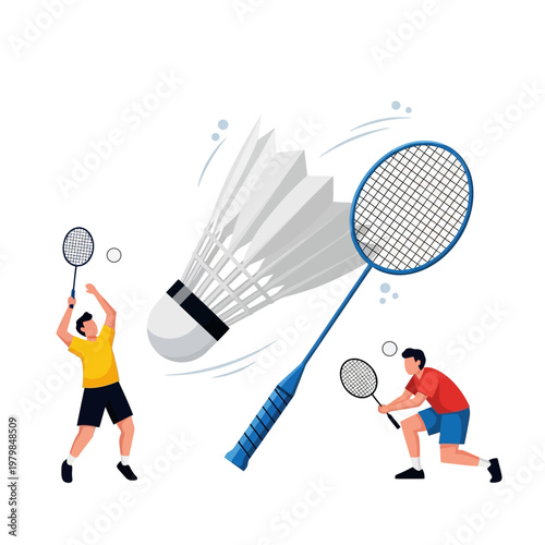 Badminton Players Competing with Large Shuttlecock and Rackets, Dynamic Sports Illustration