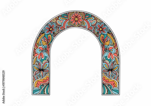 Decorative ornate archway with floral and paisley patterns in vibrant colors, graphic illustration, unique design element, vector art