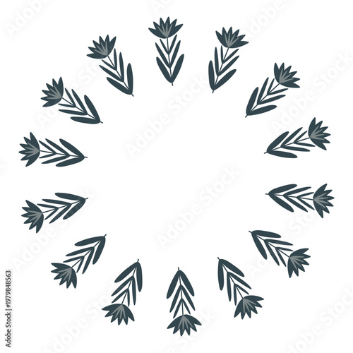 Simple botanical wreath of flowers in a monochrome palette