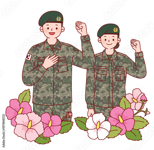 소총을 들고 거수경례하는 대한민국 여군 캐릭터, 국방 및 호국보훈 홍보용 일러스트 Female South Korean Army Soldier Character Saluting with Rifle, Military Illustration for National Defense and Patriotic Events