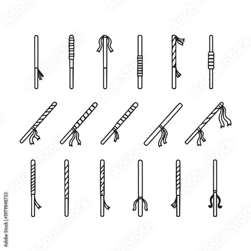 Martial Arts Staffs Collection: Various Grips and Tassels Isolated on White Minimalist Line Art