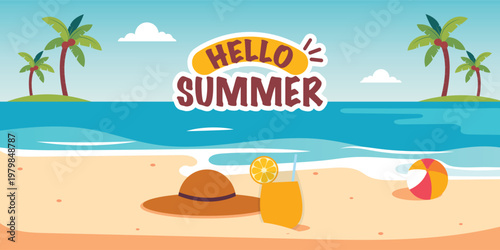 Hello Summer Tropical Beach Illustration