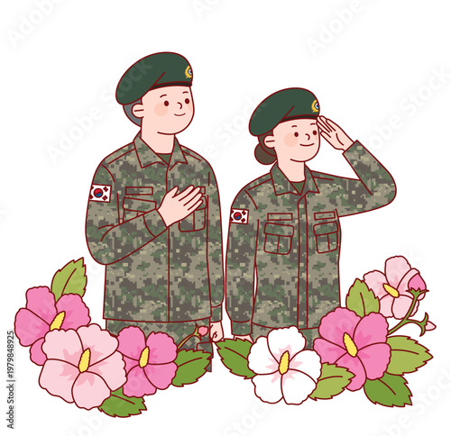 대한민국 남녀 육군 군인 캐릭터, 무궁화 꽃밭에서 경례와 인사하는 국군 장병 일러스트 Male and Female South Korean Army Soldiers Characters, Illustration of Troops Saluting and Greeting with Mugunghwa Flowers