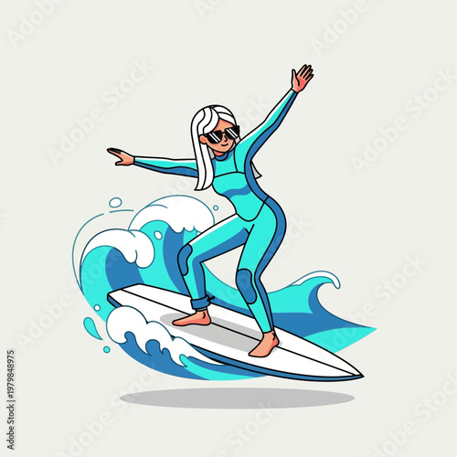 Dynamic illustration of a female surfer riding a wave.