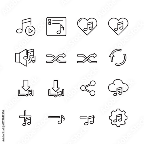 Music Icons Set: Play Playlist Favorite Volume Shuffle Repeat Download Share Cloud Add Settings