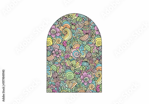 Whimsical Arch Window with Psychedelic Swirls and Floral Patterns, Colorful Doodle Art