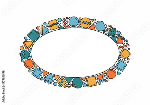 Colorful and playful oval frame with assorted doodle geometric shapes, perfect for creative designs and invitations