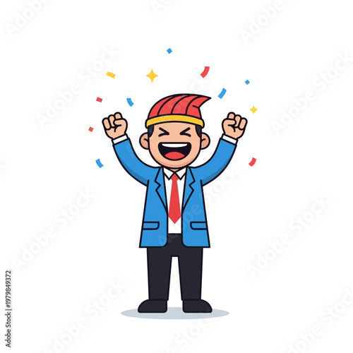 Excited Businessman Celebrating Victory with Confetti and Party Hat