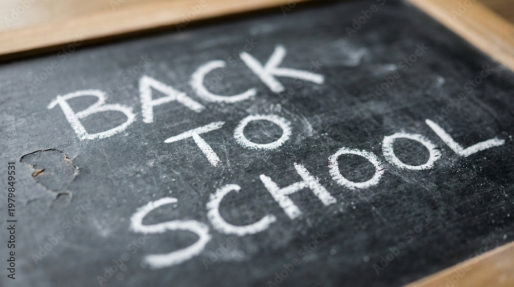 Fototapeta premium Back to school handwritten in white chalk on rustic blackboard