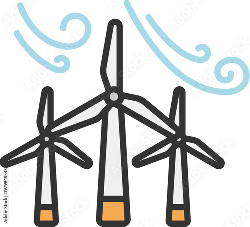 風力発電のアイコン（線画カラー）のイラスト