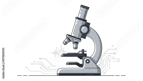 Modern laboratory microscope illustration with digital circuit lines represents scientific research biotechnology and medical innovation.