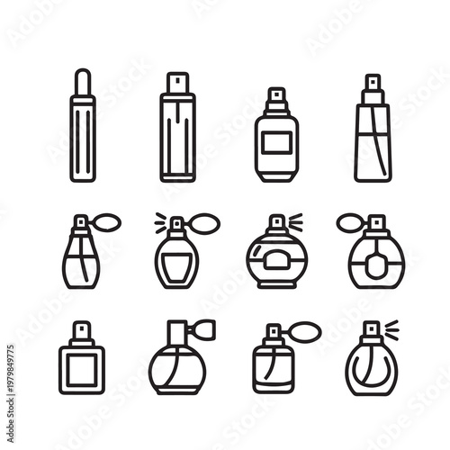 Perfume Bottles Icons Set: Various Shapes and Styles Minimalist Line Art Isolated on White Background