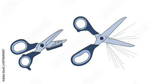 Two pairs of sharp scissors with blue handles and detailed metal blades shown in different positions for cutting and crafting tasks.