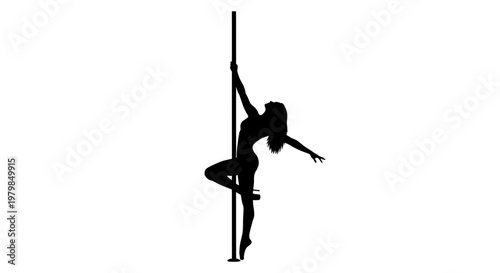 Silhouette of a woman performing a pole dance routine, isolated on white background