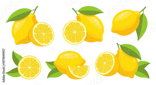 Vibrant Yellow Lemons with Green Leaves, Whole and Sliced, Fresh Citrus Fruit Collection