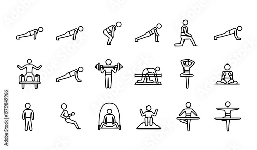 Minimal home workout routine fitness icons set in thin line black outline style for exercise training and healthy lifestyle design