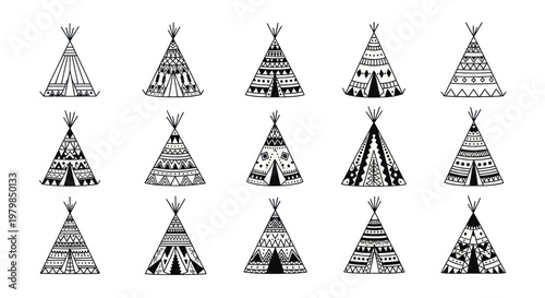 Hand-drawn Teepee Icons Collection: Tribal Patterns & Bohemian Style