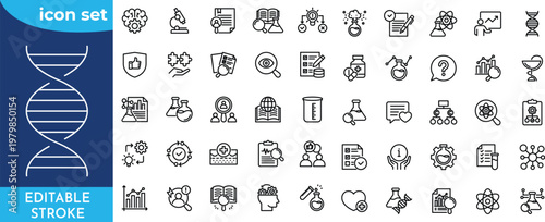 Minimalist Science research outine icons set with editable stroke. Containing experiment, laboratory, scientist, and more.