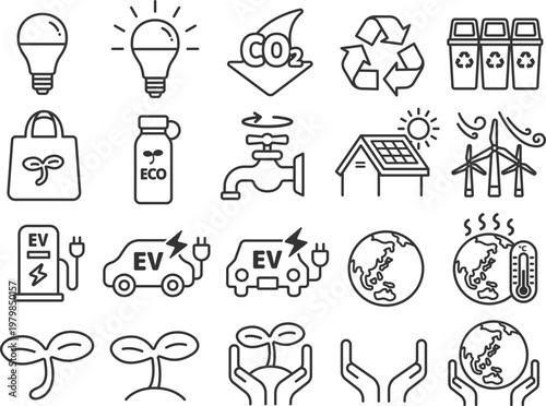 エコ・環境保護・SDGsのアイコン（線画）のイラストセット