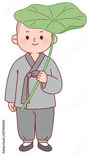 합장하며 미소 짓는 대한민국 스님 동자승 캐릭터, 석가탄신일 및 사찰 행사 홍보용 일러스트 Korean Buddhist Monk Character Smiling and Praying, Full Body Illustration for Vesak Day and Temple Events