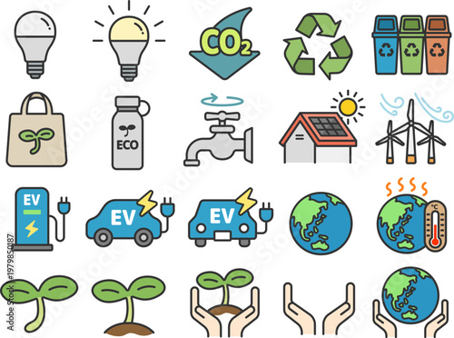 エコ・環境保護・SDGsのアイコン（線画カラー）のイラストセット