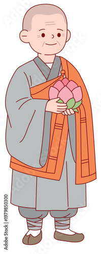 석가탄신일을 축하하는 스님과 동자승 캐릭터 세트, 연꽃과 연등을 든 불교 일러스트 Buddhist Monk and Little Novice Monks Celebrating Vesak Day, Characters Holding Lotus Flower and Lantern Illustration