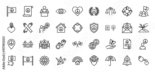Peace and harmony line icons set with dove and world symbols