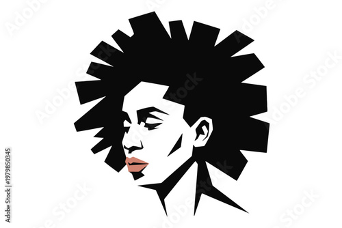 Black and white silhouette of woman with voluminous hair and red lips large hair