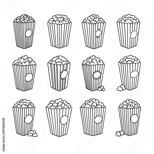 Popcorn Boxes Collection Isolated Line Art Style Detailed Snack Containers with Copy Space