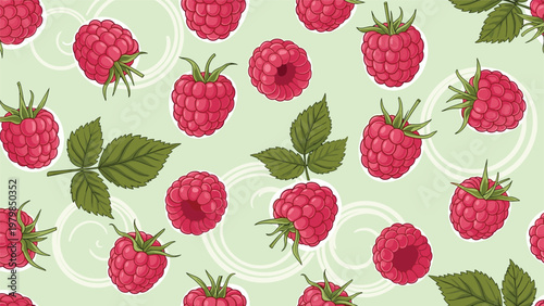 Charming pattern featuring raspberries and leaves with white outlines on a soft green background for decorative food themes.