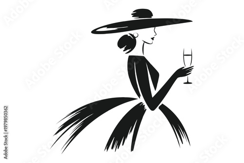 Black silhouette of a woman in a large hat holding a wine glass elegance