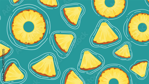 Bright pattern of pineapple rings and segments on a turquoise background creates a tropical and summery fruit illustration.