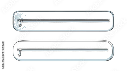 Two long white zippered pencil cases or pouches shown in minimalist style for organizing school and office supplies.