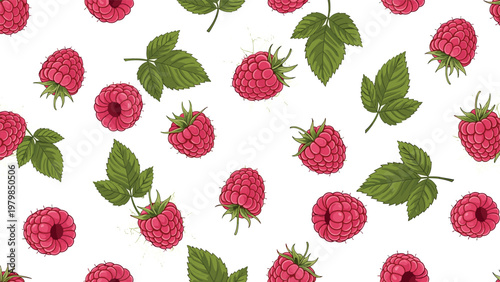 Elegant pattern of ripe pink raspberries and green leaves scattered on a white background represents fresh garden produce.