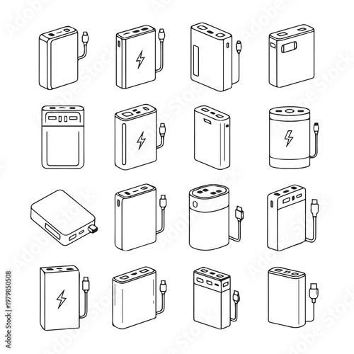 Portable Power Bank Collection Isometric Line Art Icons Mobile Charging Devices Gadgets TechnologyClean Vector Style