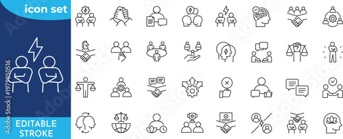 Conflict Management icon set.  Editable stroke. Containing, conflict, management, negotiation, resolution, mediation, assertiveness, and more.
