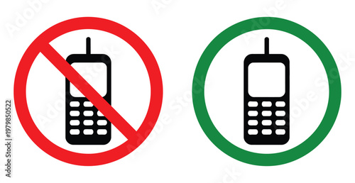 Cell phone restriction and permission icon set in red green and black color, mobile phone allowed denied and blocked status icons, smartphone prohibition sign collection, access control and security c