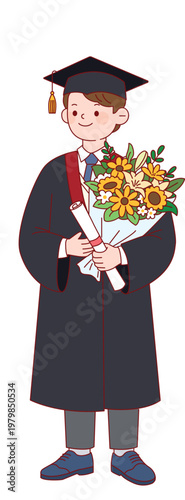 꽃다발과 졸업증서를 들고 미소 짓는 남학생 캐릭터, 졸업식 전신 일러스트 Male Student Character Holding Flower Bouquet and Diploma, Smiling at Graduation Ceremony, Full Body Illustration