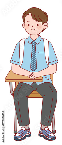 교실 책상에 앉아 웃고 있는 남학생 캐릭터, 학교생활 교육용 일러스트 세트 Male Student Character Sitting at Classroom Desk and Smiling, School Life Character Illustration Set for Educational Use