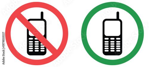 Cell phone restriction and permission icon set in red green and black color, mobile access control symbols, phone usage allowed and prohibited signs, smartphone security permission status vector