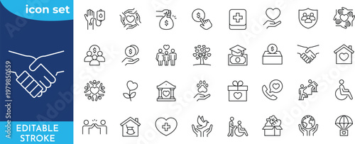 Charity line editable icon set. featuring support, giving, heart, volunteer, kindness, and more .