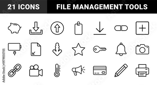 Minimalist digital download and file transfer line icon set for web ui