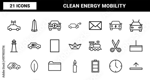 Electric car and green energy minimalist line icons