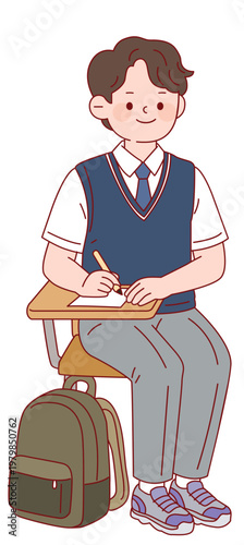 학교 책상에 앉아 노트에 필기하며 공부하는 남학생 캐릭터, 수업에 집중하는 고등학생 교육용 일러스트 School Boy Character Sitting at Desk and Writing in Notebook, Focused Student Illustration for Education and School Life